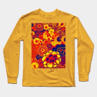 ANTIQUE JAPANESE FLOWERS BLUE RED ORANGE YELLOW Wild Roses Kimono Style Floral Long Sleeve T-Shirt